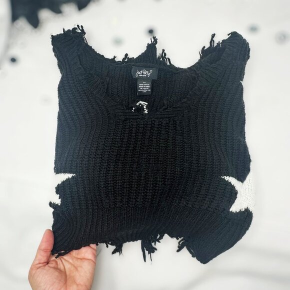 Oversized Cropped Black Sweater with White Stars, Just Polly Womens Size Medium - Picture 4 of 14